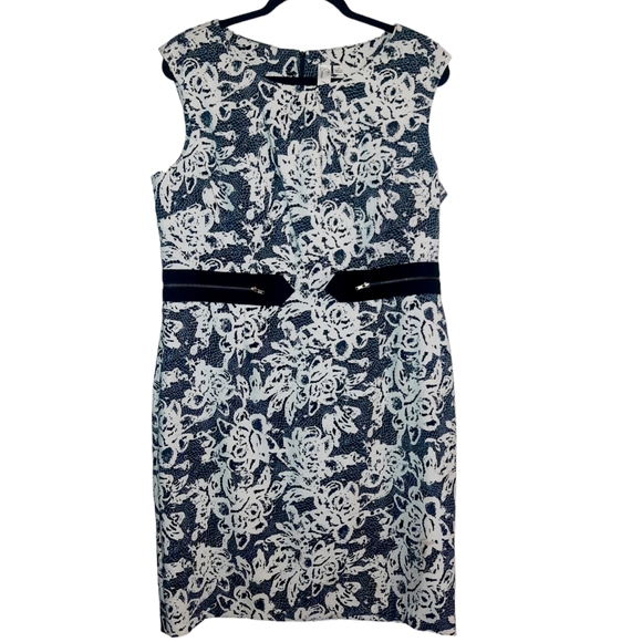 EMMA & MICHELE Sleeveless Zipper Trim Floral Print Shift Dress Sz 16 Blk/Wht - Picture 6 of 8